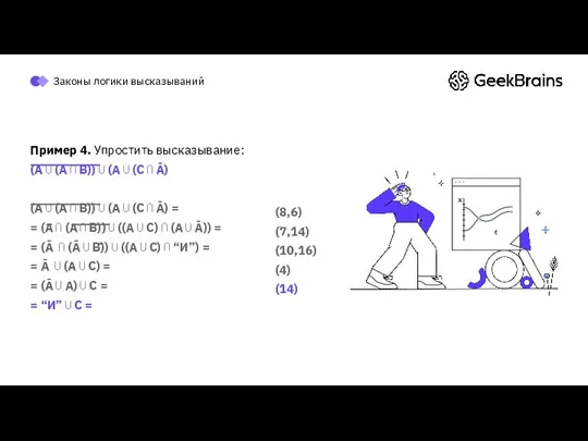 Законы логики высказываний Пример 4. Упростить высказывание: (A ⋃ (A ⋂