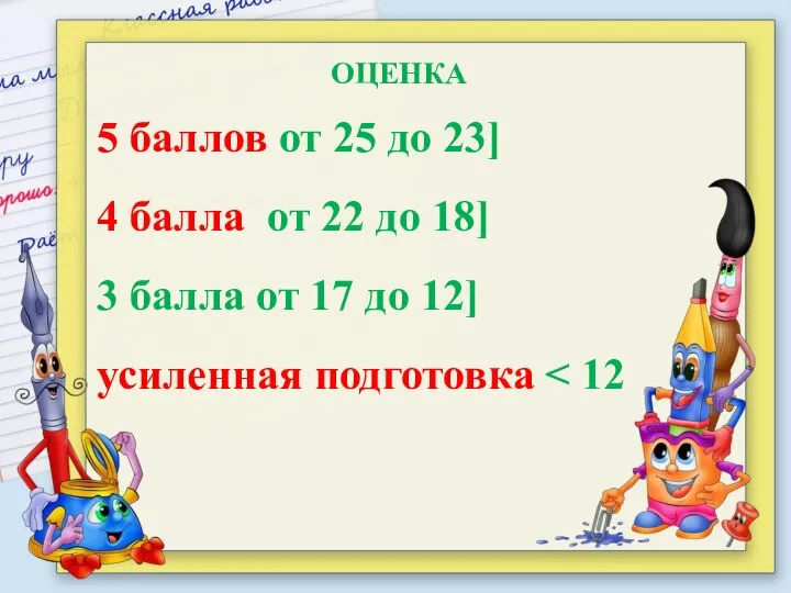 ОЦЕНКА 5 баллов от 25 до 23] 4 балла от 22