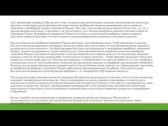 Суть механизма генерации ПД состоит в том, что рецепторный потенциал вызывает