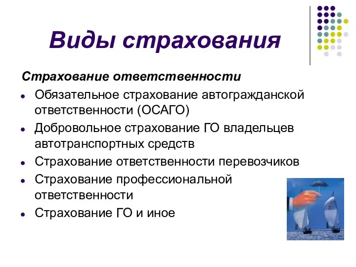 Виды страхования Страхование ответственности Обязательное страхование автогражданской ответственности (ОСАГО) Добровольное страхование