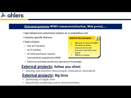 External projects: WMS commercialization, Web portal,… Specialized and customized solution at