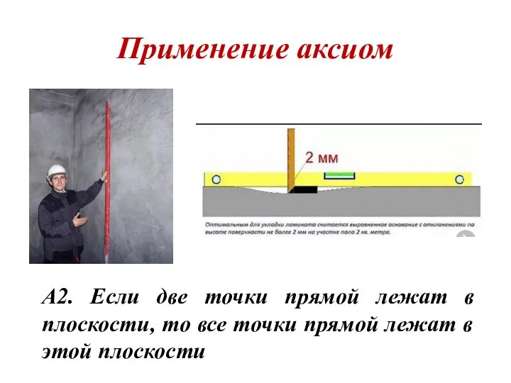 Применение аксиом А2. Если две точки прямой лежат в плоскости, то