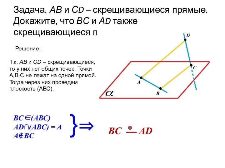 Задача. АВ и СD – скрещивающиеся прямые. Докажите, что ВС и