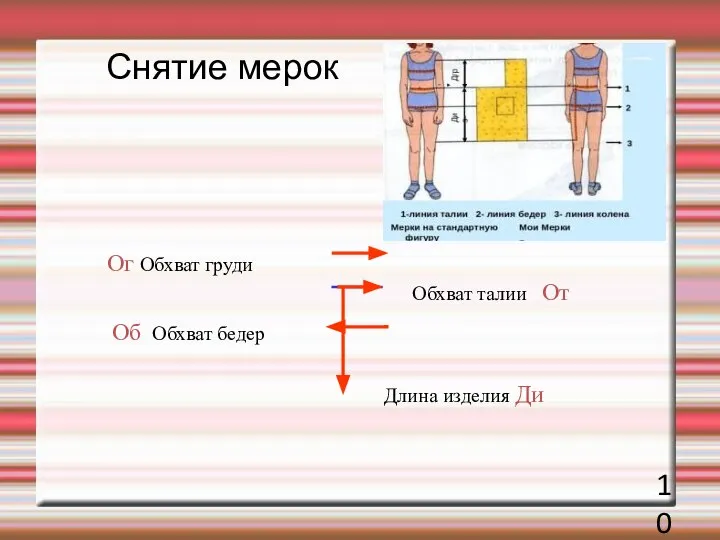 Снятие мерок Обхват талии От Об Обхват бедер Ог Обхват груди Длина изделия Ди 10