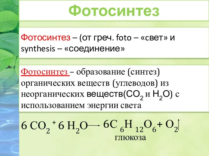 Фотосинтез – (от греч. foto – «cвет» и synthesis – «соединение»