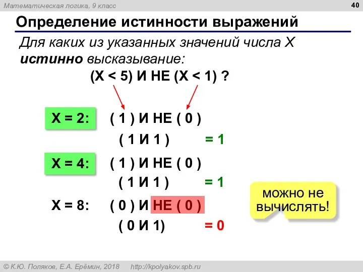 Определение истинности выражений Для каких из указанных значений числа X истинно