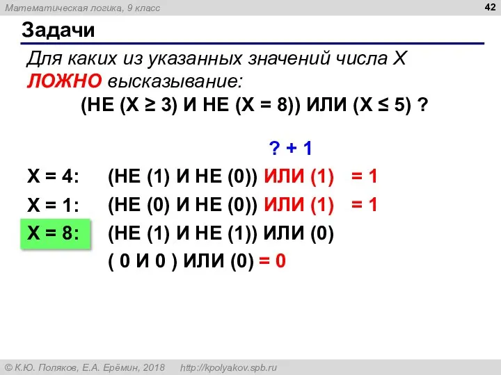 Задачи Для каких из указанных значений числа X ЛОЖНО высказывание: (НЕ