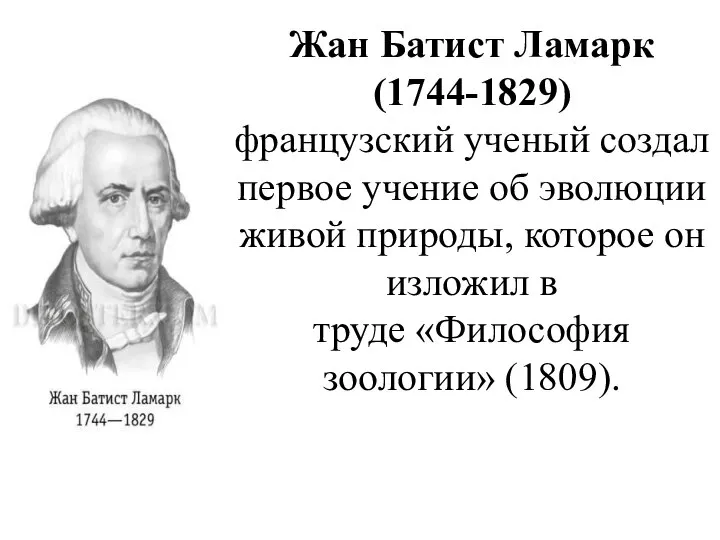 Жан Батист Ламарк (1744-1829) французский ученый создал первое учение об эволюции