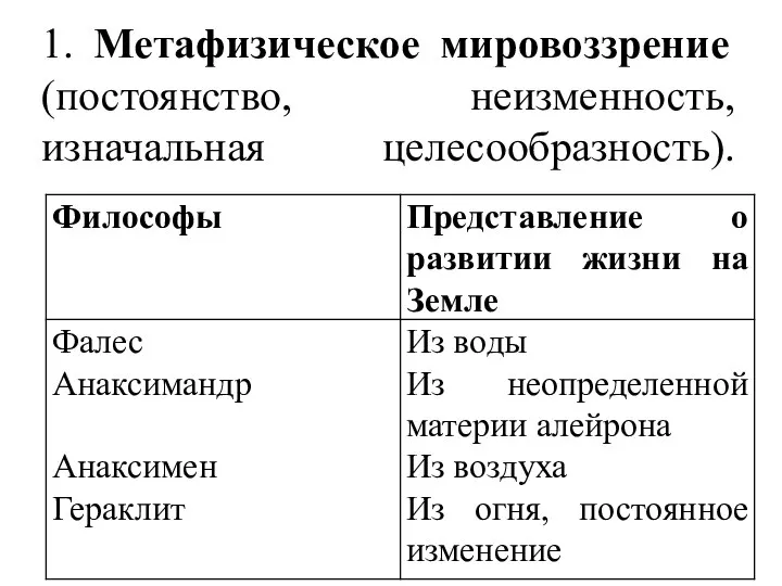 1. Метафизическое мировоззрение (постоянство, неизменность, изначальная целесообразность).