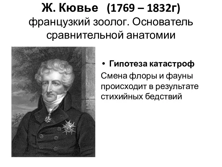 Ж. Кювье (1769 – 1832г) французкий зоолог. Основатель сравнительной анатомии Гипотеза