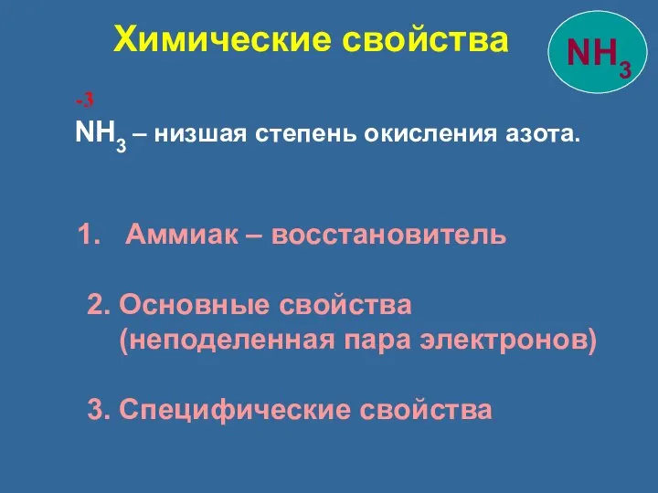 NH3 – низшая степень окисления азота. -3 Аммиак – восстановитель 2.