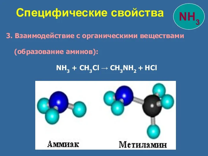 3. Взаимодействие с органическими веществами (образование аминов): NH3 + CH3Cl → CH3NH2 + HCl Специфические свойства