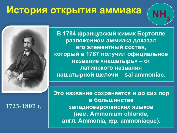 1723-1802 г. В 1784 французский химик Бертолле разложением аммиака доказал его