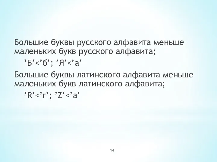 Большие буквы русского алфавита меньше маленьких букв русского алфавита; ’Б’ Большие