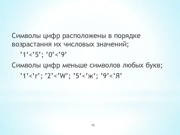 Символы цифр расположены в порядке возрастания их числовых значений; ’1’ Символы