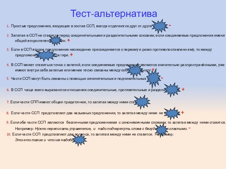 Тест-альтернатива 1. Простые предложения, входящие в состав ССП, всегда отделяются друг