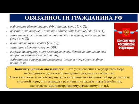 ОБЯЗАННОСТИ ГРАЖДАНИНА РФ соблюдать Конституцию РФ и законы (ст. 15, ч.