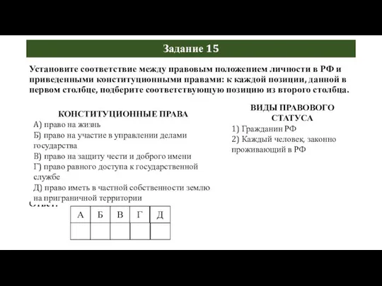 Задание 15 Установите соответствие между правовым положением личности в РФ и