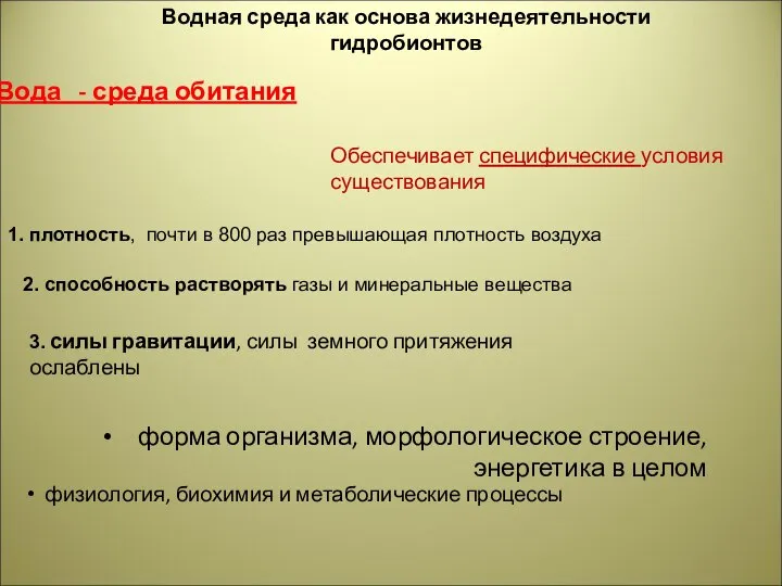 Водная среда как основа жизнедеятельности гидробионтов Обеспечивает специфические условия существования 3.