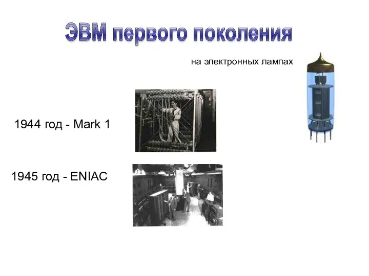 на электронных лампах 1944 год - Mark 1 1945 год - ENIAC