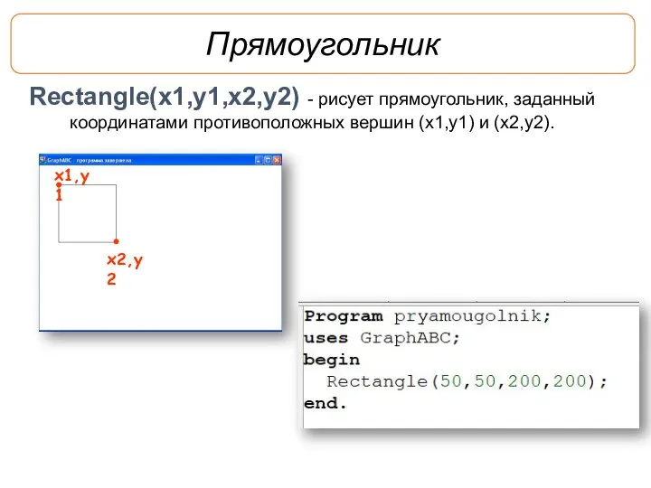 Прямоугольник Rectangle(x1,y1,x2,y2) - рисует прямоугольник, заданный координатами противоположных вершин (x1,y1) и (x2,y2).