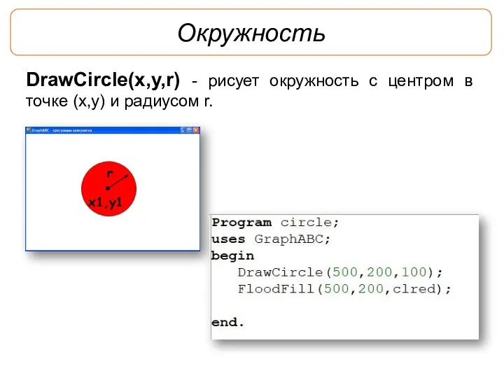 Окружность DrawCircle(x,y,r) - рисует окружность с центром в точке (x,y) и радиусом r. x1,y1 r