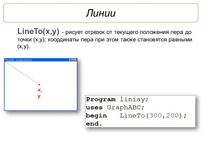 Линии LineTo(x,y) - рисует отрезок от текущего положения пера до точки