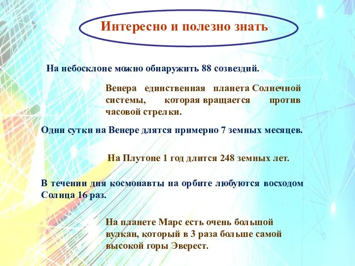 Интересно и полезно знать На небосклоне можно обнаружить 88 созвездий. Венера