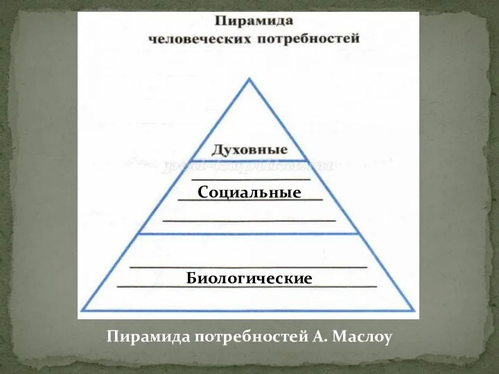 Социальные Биологические Пирамида потребностей А. Маслоу