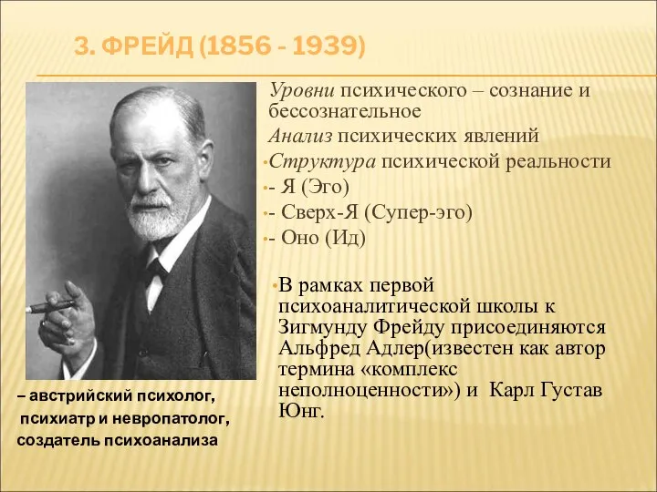 З. ФРЕЙД (1856 - 1939) Уровни психического – сознание и бессознательное