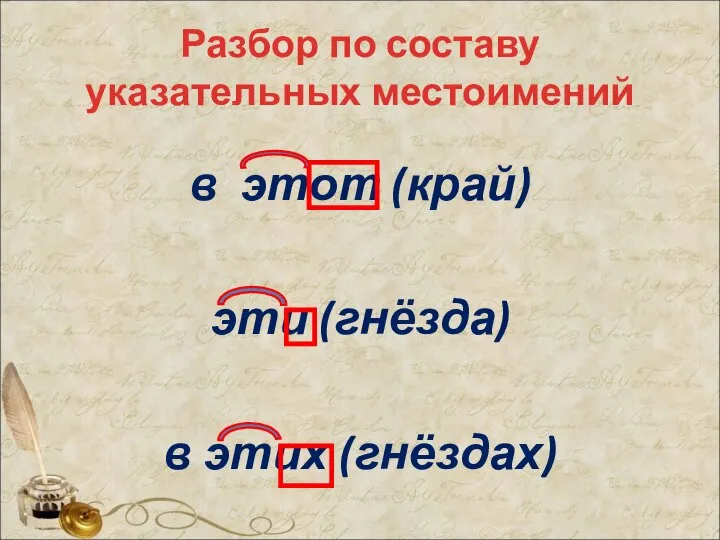 Разбор по составу указательных местоимений в этот (край) эти (гнёзда) в этих (гнёздах)