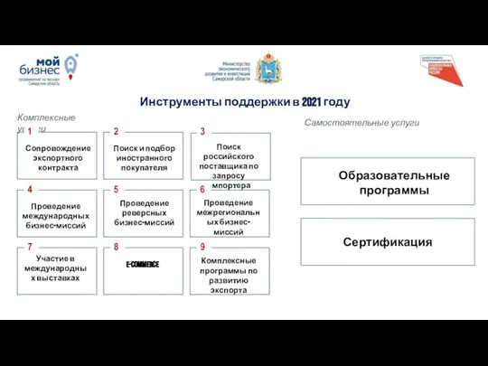 Инструменты поддержки в 2021 году Комплексные услуги Самостоятельные услуги Образовательные программы