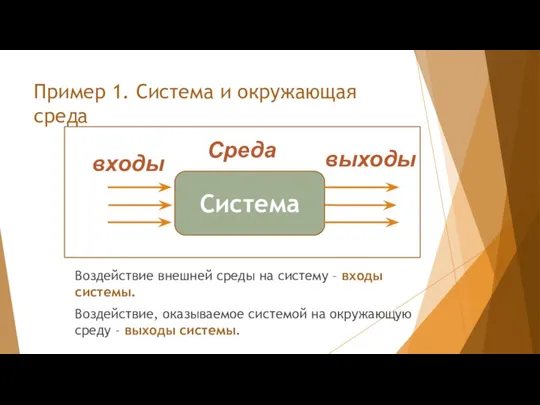 Пример 1. Система и окружающая среда Система Среда входы выходы Воздействие