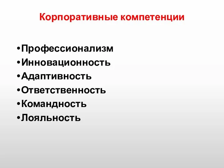 Корпоративные компетенции Профессионализм Инновационность Адаптивность Ответственность Командность Лояльность