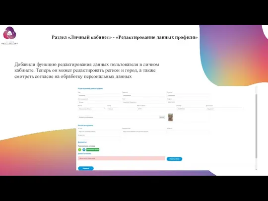 Раздел «Личный кабинет» - «Редактирование данных профиля» Добавили функцию редактирования данных