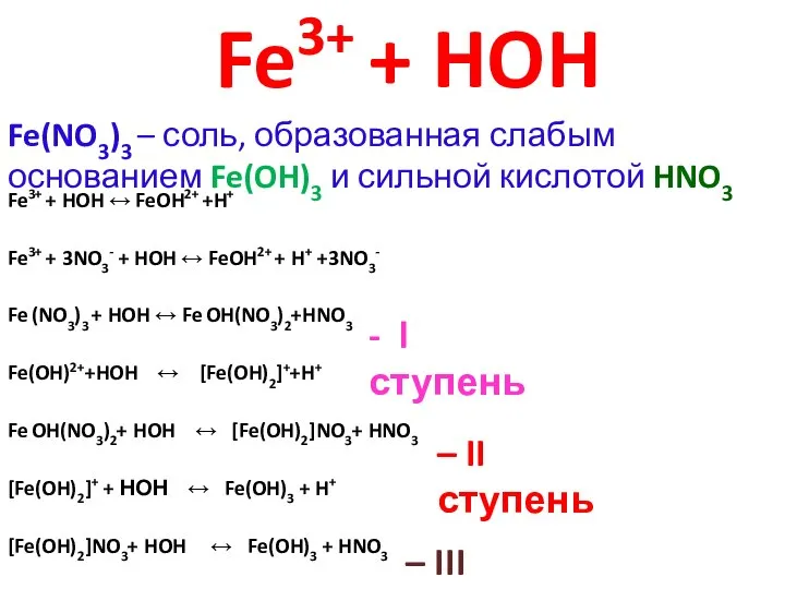 Fe3+ + HOH Fe(NO3)3 – соль, образованная слабым основанием Fe(OH)3 и