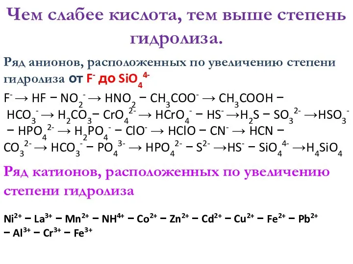 Чем слабее кислота, тем выше степень гидролиза. Ряд анионов, расположенных по