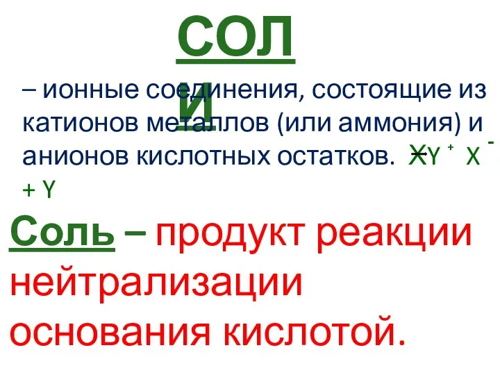 СОЛИ – ионные соединения, состоящие из катионов металлов (или аммония) и