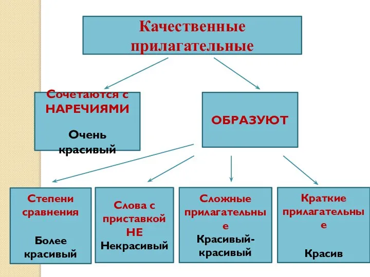 Качественные прилагательные Сочетаются с НАРЕЧИЯМИ Очень красивый ОБРАЗУЮТ Сложные прилагательные Красивый-красивый