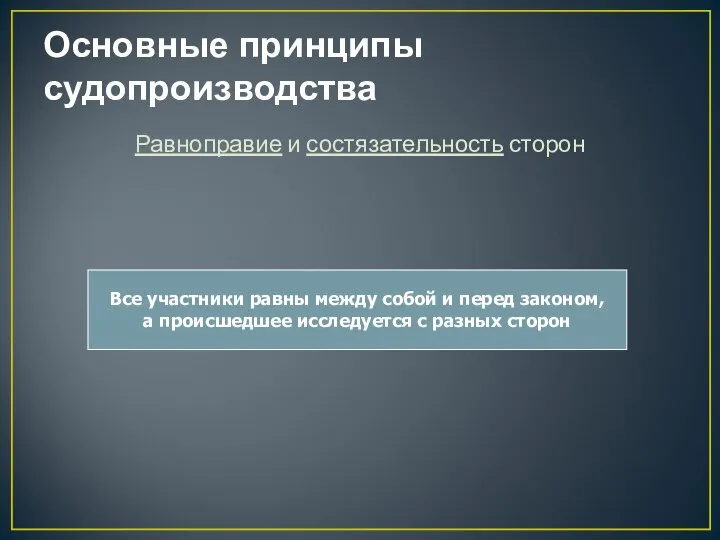 Основные принципы судопроизводства Равноправие и состязательность сторон Все участники равны между