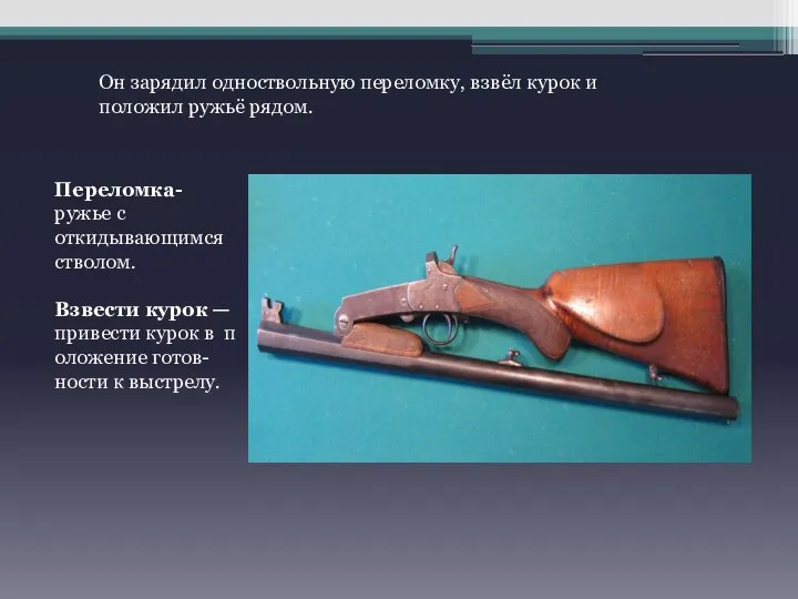 Он зарядил одноствольную переломку, взвёл курок и положил ружьё рядом. Переломка-