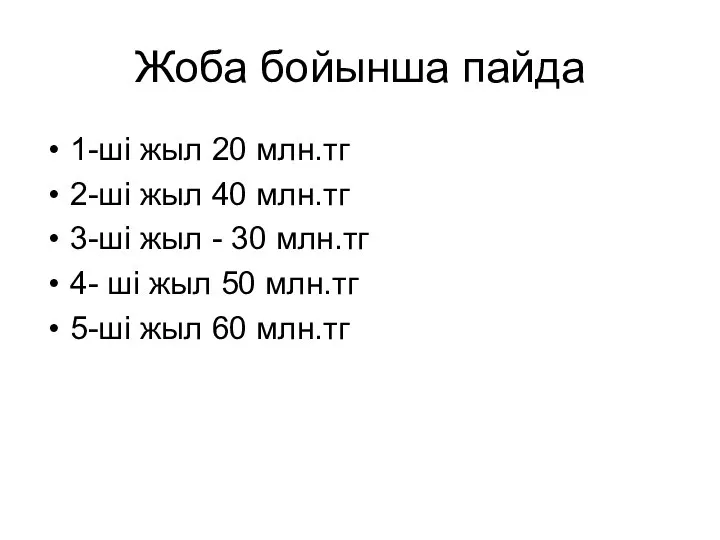 Жоба бойынша пайда 1-ші жыл 20 млн.тг 2-ші жыл 40 млн.тг