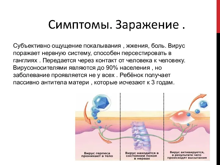 Субъективно ощущение покалывания , жжения, боль. Вирус поражает нервную систему, способен