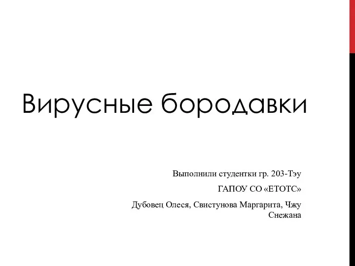 Вирусные бородавки Выполнили студентки гр. 203-Тэу ГАПОУ СО «ЕТОТС» Дубовец Олеся, Свистунова Маргарита, Чжу Снежана