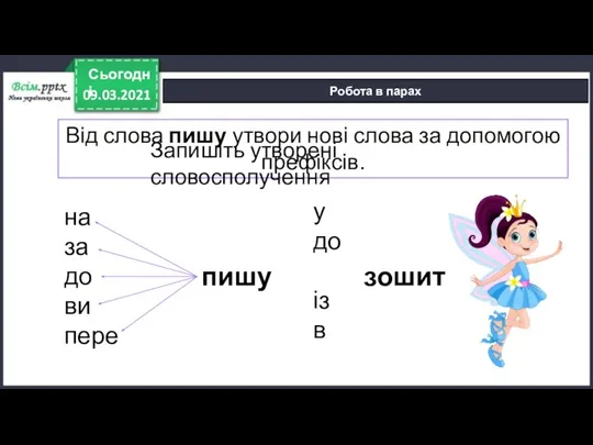 09.03.2021 Сьогодні Робота в парах Від слова пишу утвори нові слова