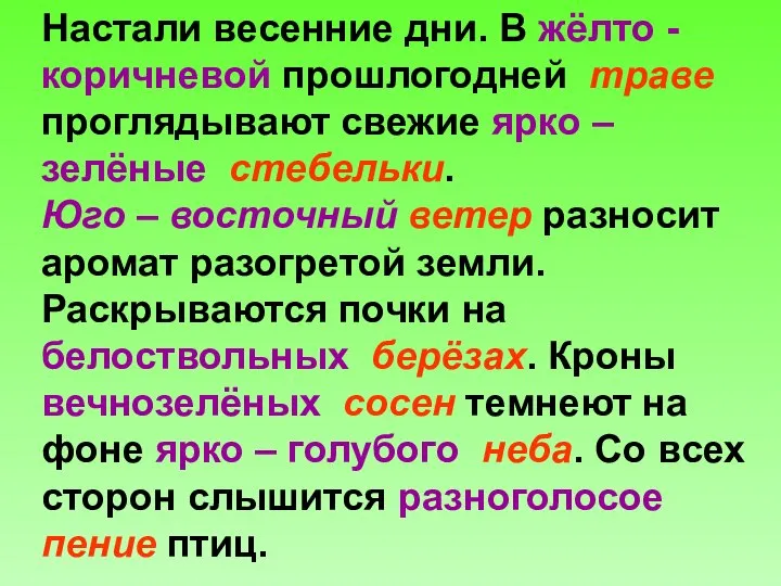 Настали весенние дни. В жёлто - коричневой прошлогодней траве проглядывают свежие