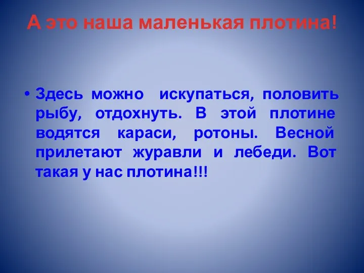 А это наша маленькая плотина! Здесь можно искупаться, половить рыбу, отдохнуть.