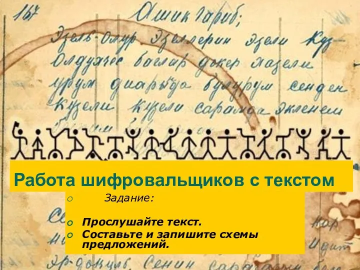 Работа шифровальщиков с текстом Задание: Прослушайте текст. Составьте и запишите схемы предложений.