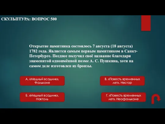 Открытие памятника состоялось 7 августа (18 августа) 1782 года. Является самым