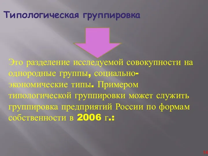 Типологическая группировка Это разделение исследуемой совокупности на однородные группы, социально-экономические типы.